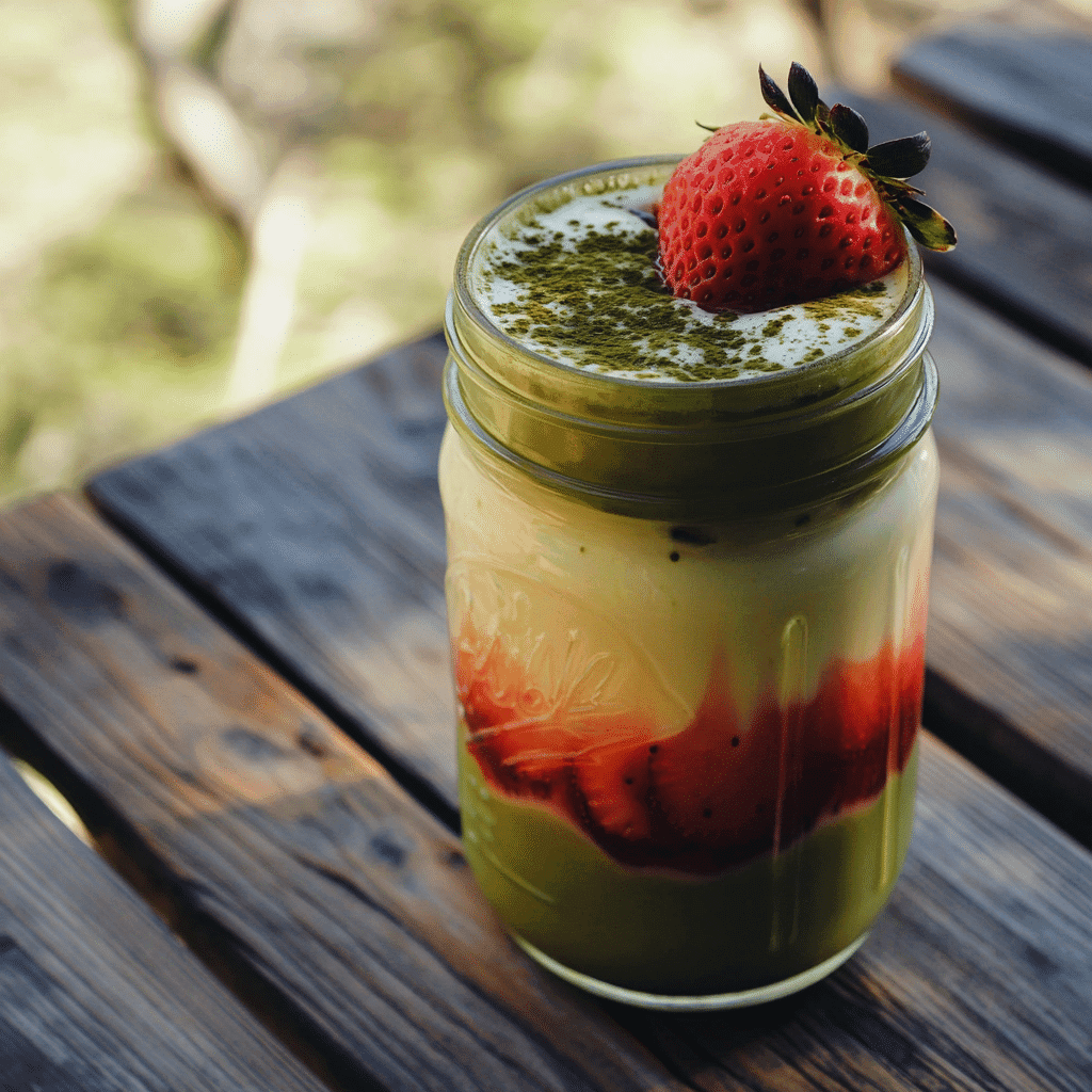 Strawberry Matcha Latte Recipe – Beautiful, Energizing, and Easy 6 Homemade strawberry matcha latte in rustic setting