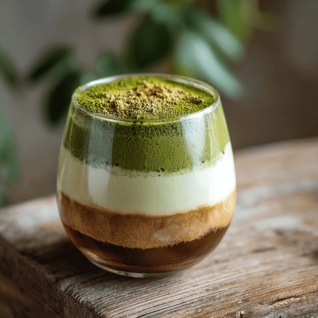 Tiramisu Matcha Latte Recipe: Creamy, No-Bake Layered Dessert 1 Layered tiramisu matcha latte in a clear glass with mascarpone, matcha, and espresso layers