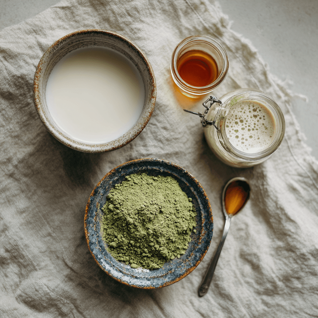 Vanilla Matcha Latte Recipe – Creamy, Clean, and Energizing 6 ingredients for vanilla matcha latte on linen cloth