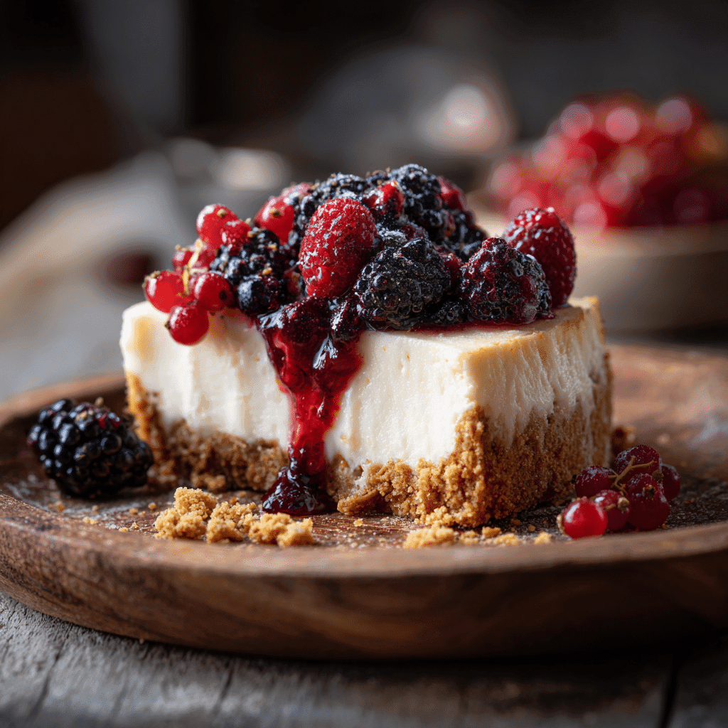 Vegan Cheesecake Recipe That’s Creamy, Easy, and Totally Dairy-Free 3 Close-up of a vegan cheesecake slice topped with fresh, juicy berries on a wooden plate