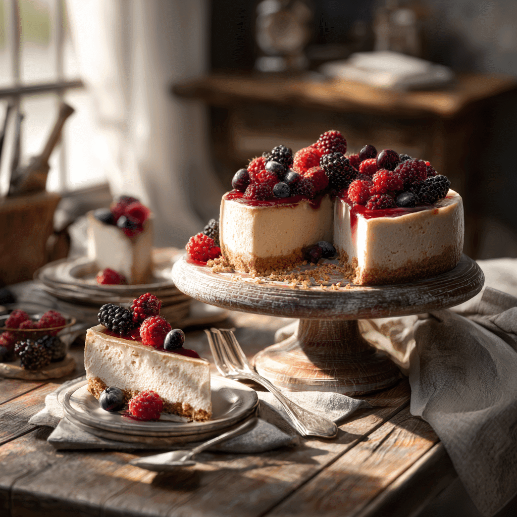 Vegan Cheesecake Recipe That’s Creamy, Easy, and Totally Dairy-Free 6 Partially sliced vegan cheesecake with fresh berries served on a rustic table with dessert plates