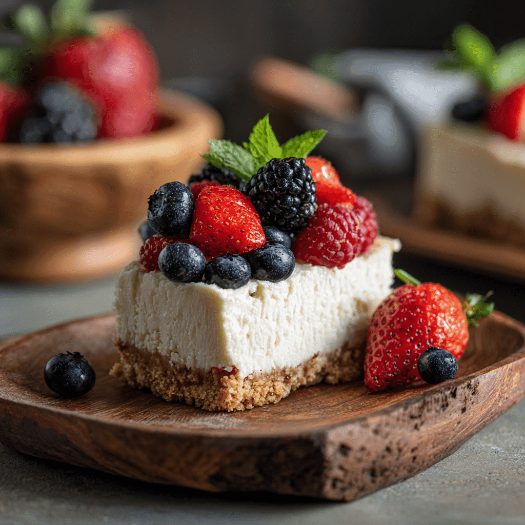 Vegan Cheesecake Recipe That’s Creamy, Easy, and Totally Dairy-Free 1 A slice of vegan cheesecake topped with fresh mixed berries on a rustic wooden plate
