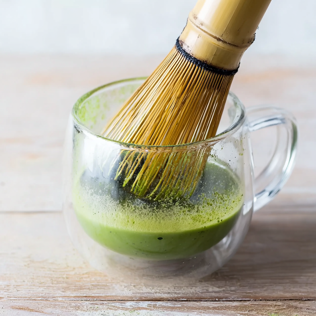 How to Make Matcha Latte at Home – Creamy, Easy & Energizing 7 Bamboo matcha whisk mixing green matcha in a glass cup