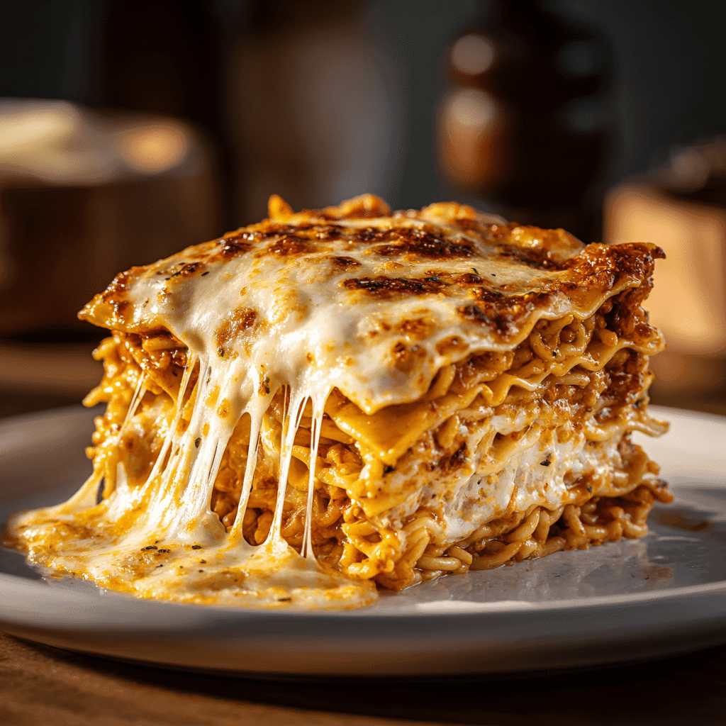 Spicy Ramen Lasagna: Bold Comfort Food You’ll Crave 4 Perfectly baked slice of spicy ramen lasagna with golden brown cheese crust