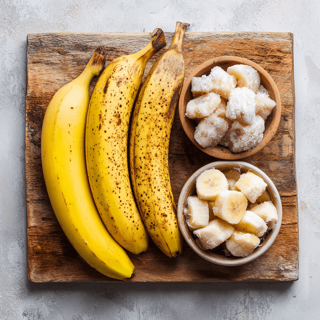 Matcha Smoothie Banana Recipe: Creamy, Energizing & Easy 5 fresh, ripe, and frozen bananas side by side for smoothie prep