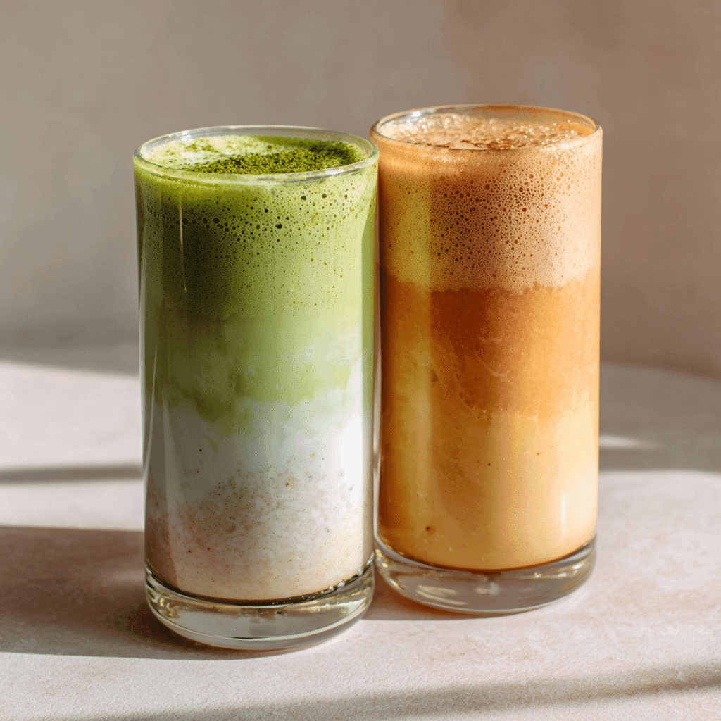 Matcha Smoothie Recipes That Energize Your Day Naturally 7 Chai and peach matcha latte smoothies in two clear glass cups