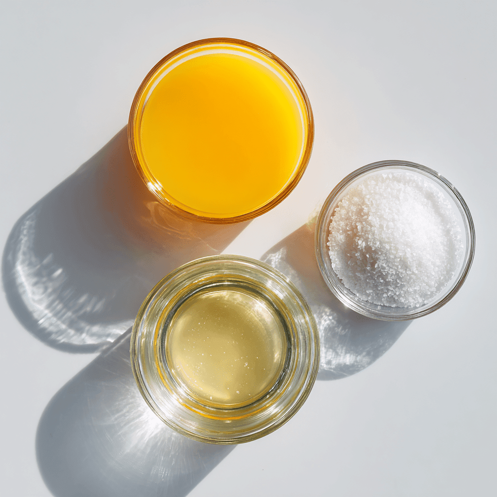 Cortisol Cocktail Recipe: 5 Powerful Benefits for Stress Relief 4 Glass bowls with orange juice, coconut water, and sea salt for cortisol cocktail recipe