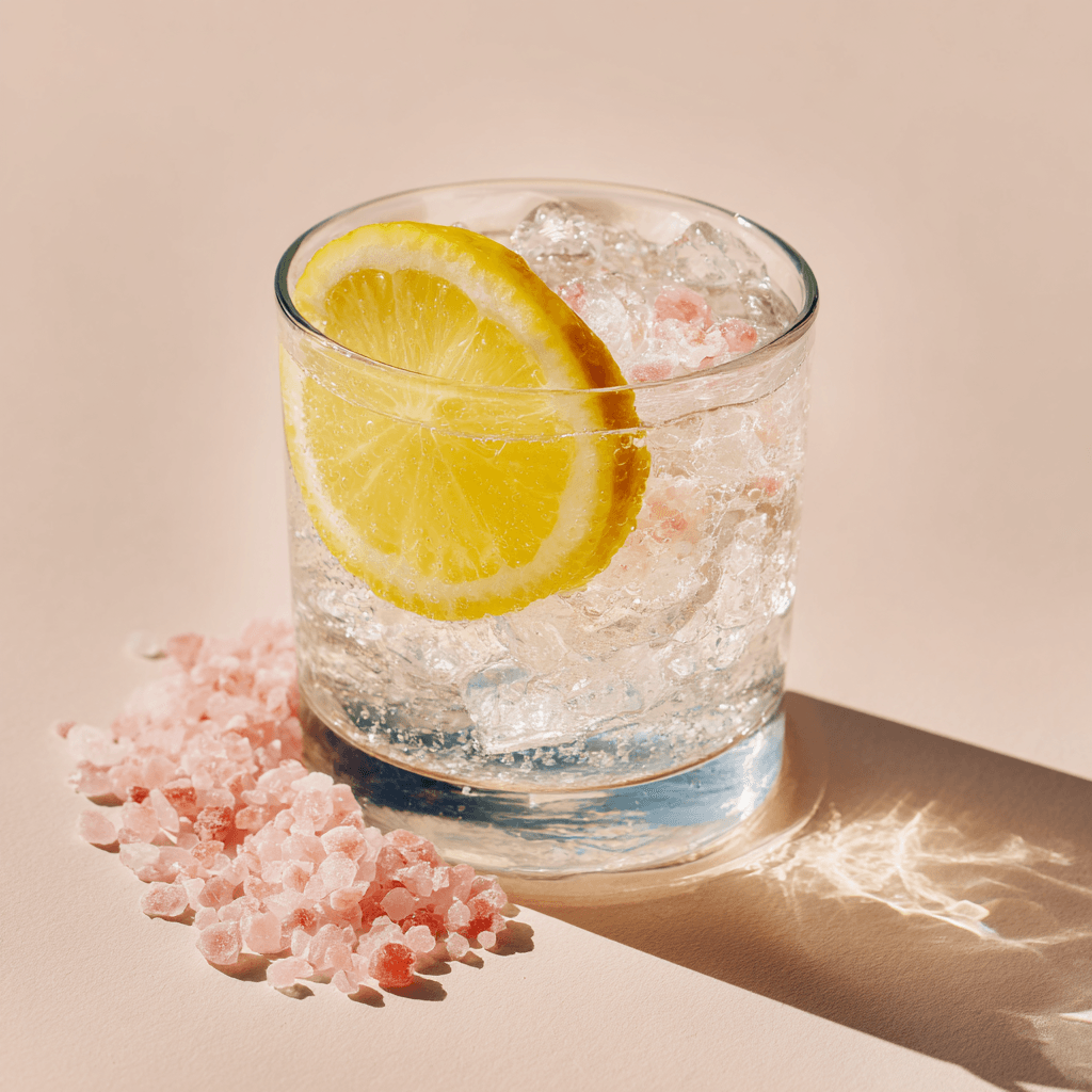 cortisol cocktail recipe without orange juice served in a glass with lemon and pink salt