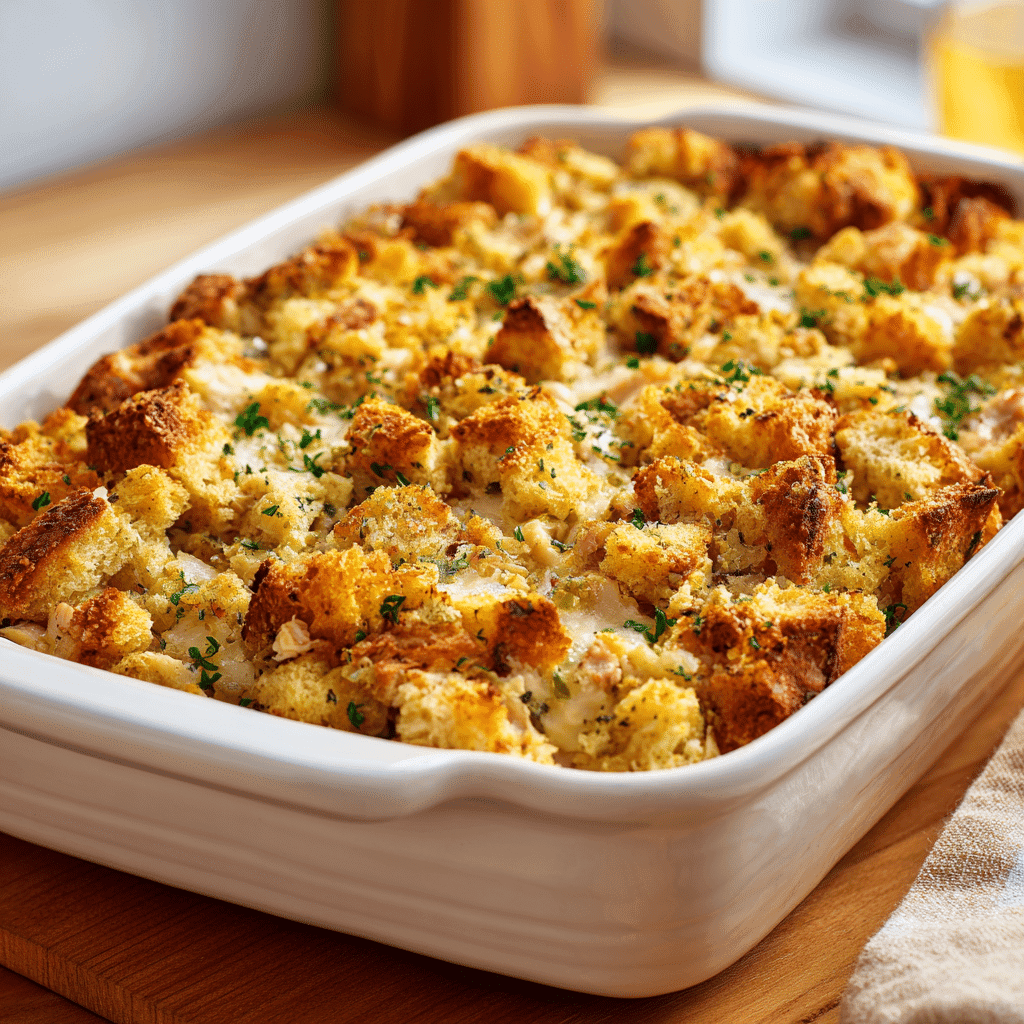 Dolly’s Chicken and Stuffing Casserole Recipe 10 Close-up of Dolly’s chicken and stuffing casserole on a table