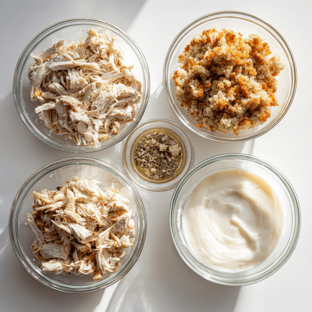 Dolly’s Chicken and Stuffing Casserole Recipe 8 Ingredients for Dolly’s 5-ingredient chicken casserole in glass bowls