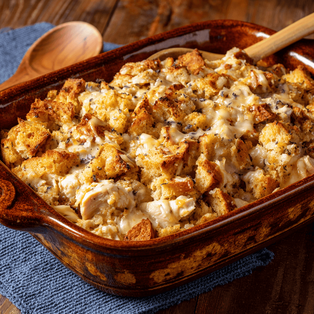 Homemade Dolly’s Chicken and Stuffing Casserole Recipe in a rustic brown baking dish, topped with melted cheese and golden bread cubes.