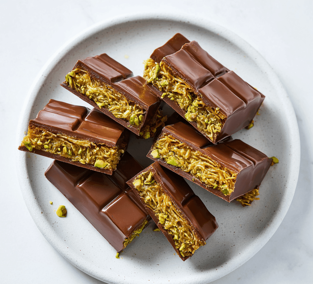 Dubai Chocolate Recipe: How to Make the Viral Pistachio Delight 10 Plated Dubai chocolate bars showing filling and glossy shell on white plate