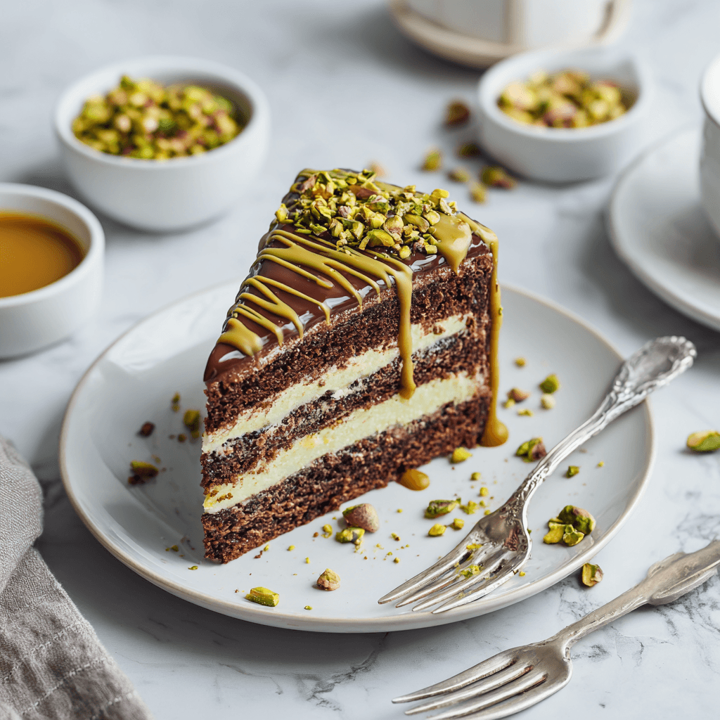 Dubai Chocolate Cake Recipe: Rich Layers, Pistachio Cream & Crunch 1 Dubai chocolate cake with pistachio cream and kataifi layers