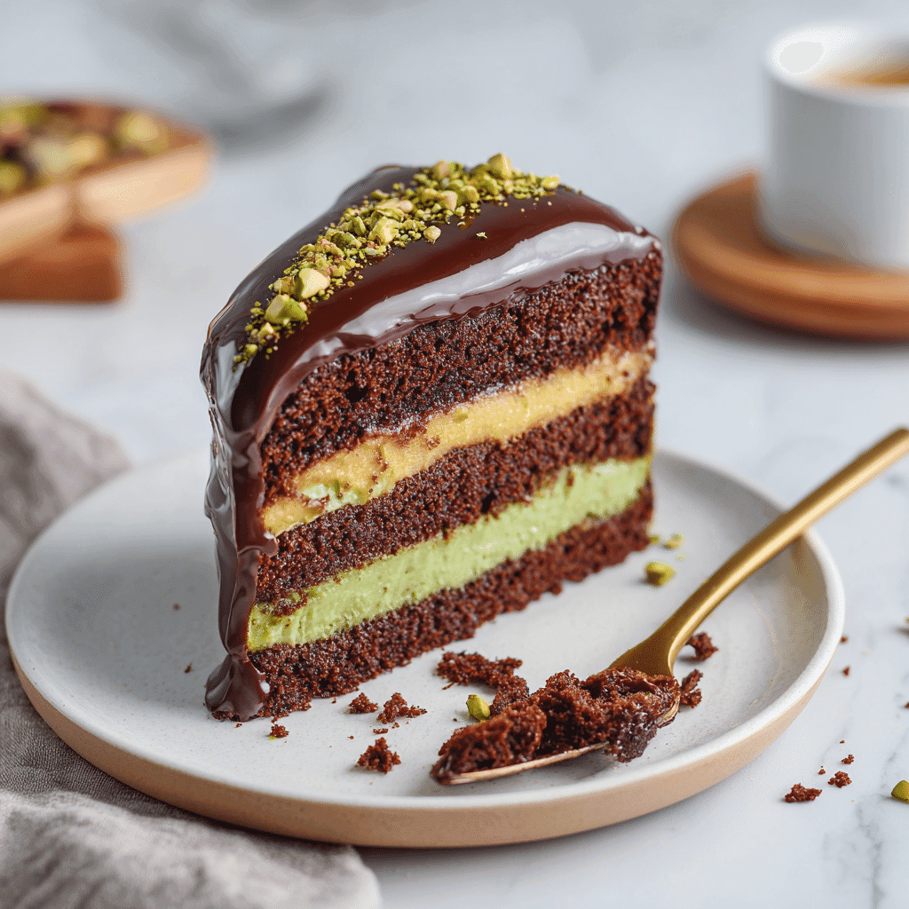 Dubai Chocolate Cake Recipe: Rich Layers, Pistachio Cream & Crunch 12 Last slice of Dubai chocolate cake with ganache and pistachio cream on white plate