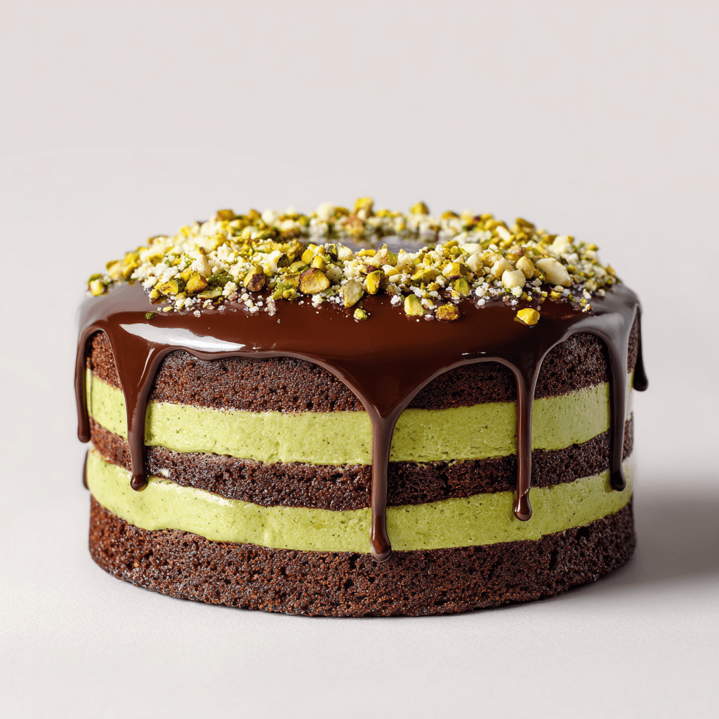 Dubai Chocolate Cake Recipe: Rich Layers, Pistachio Cream & Crunch 8 Full Dubai chocolate cake with ganache and pistachio layers on white background