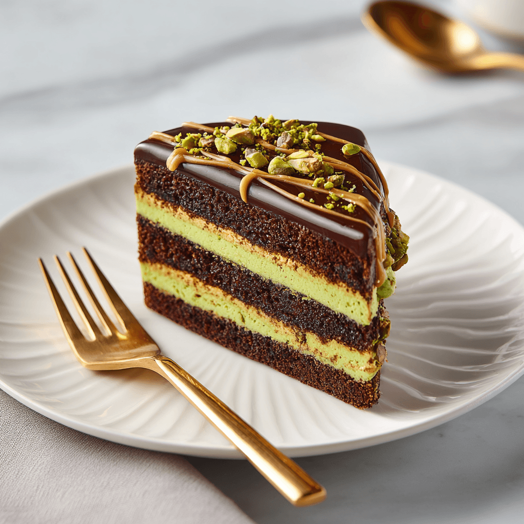Dubai Chocolate Cake Recipe: Rich Layers, Pistachio Cream & Crunch 11 Elegant plated slice of Dubai chocolate cake with pistachio drizzle