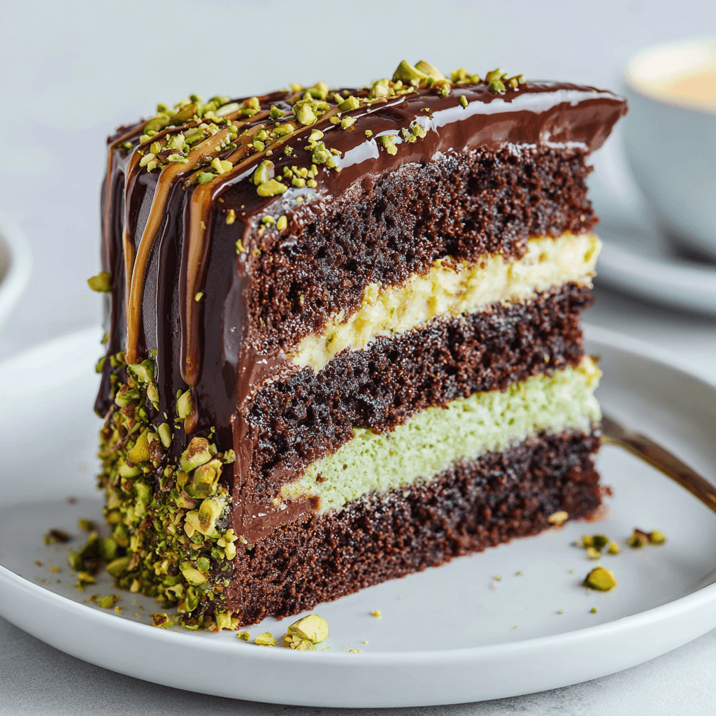 Dubai Chocolate Cake Recipe: Rich Layers, Pistachio Cream & Crunch 9 Slice of Dubai chocolate cake showing sponge, pistachio, and ganache layers