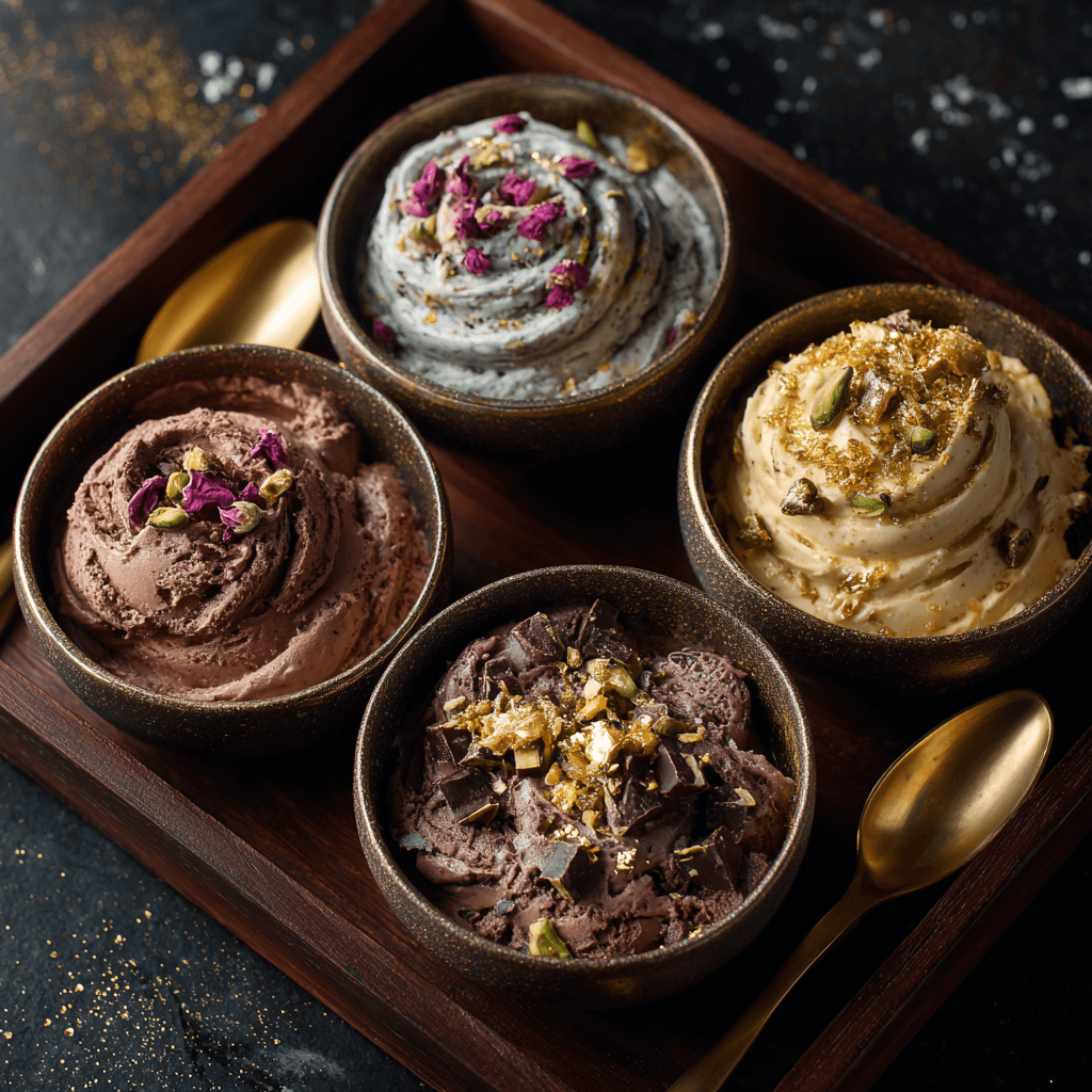 Dubai Chocolate Ice Cream Recipe – Creamy, Rich, and Luxurious 7 Flavor variations of Dubai chocolate ice cream in elegant bowls