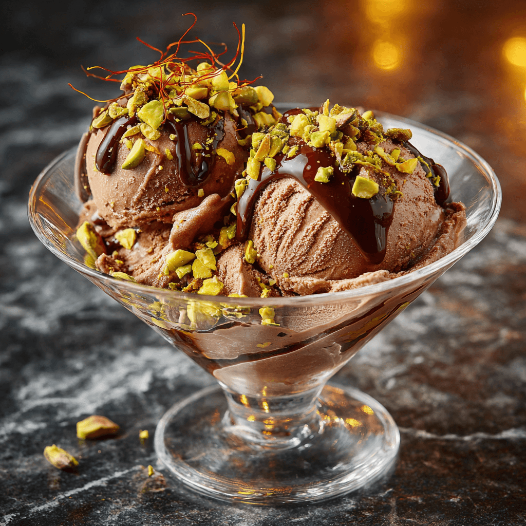 Dubai Chocolate Ice Cream Recipe – Creamy, Rich, and Luxurious 8 Dubai chocolate ice cream in glass plate with saffron and pistachios
