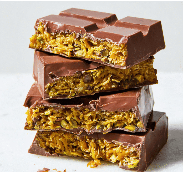 Dubai Chocolate Recipe: How to Make the Viral Pistachio Delight 6 Stacked Dubai chocolate bars showing pistachio kataifi filling