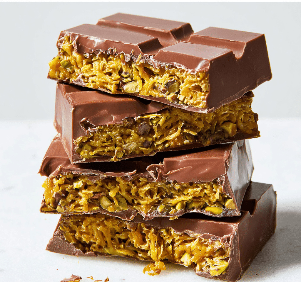 Dubai Chocolate Recipe: How to Make the Viral Pistachio Delight 1 Stacked Dubai chocolate bars showing pistachio kataifi filling