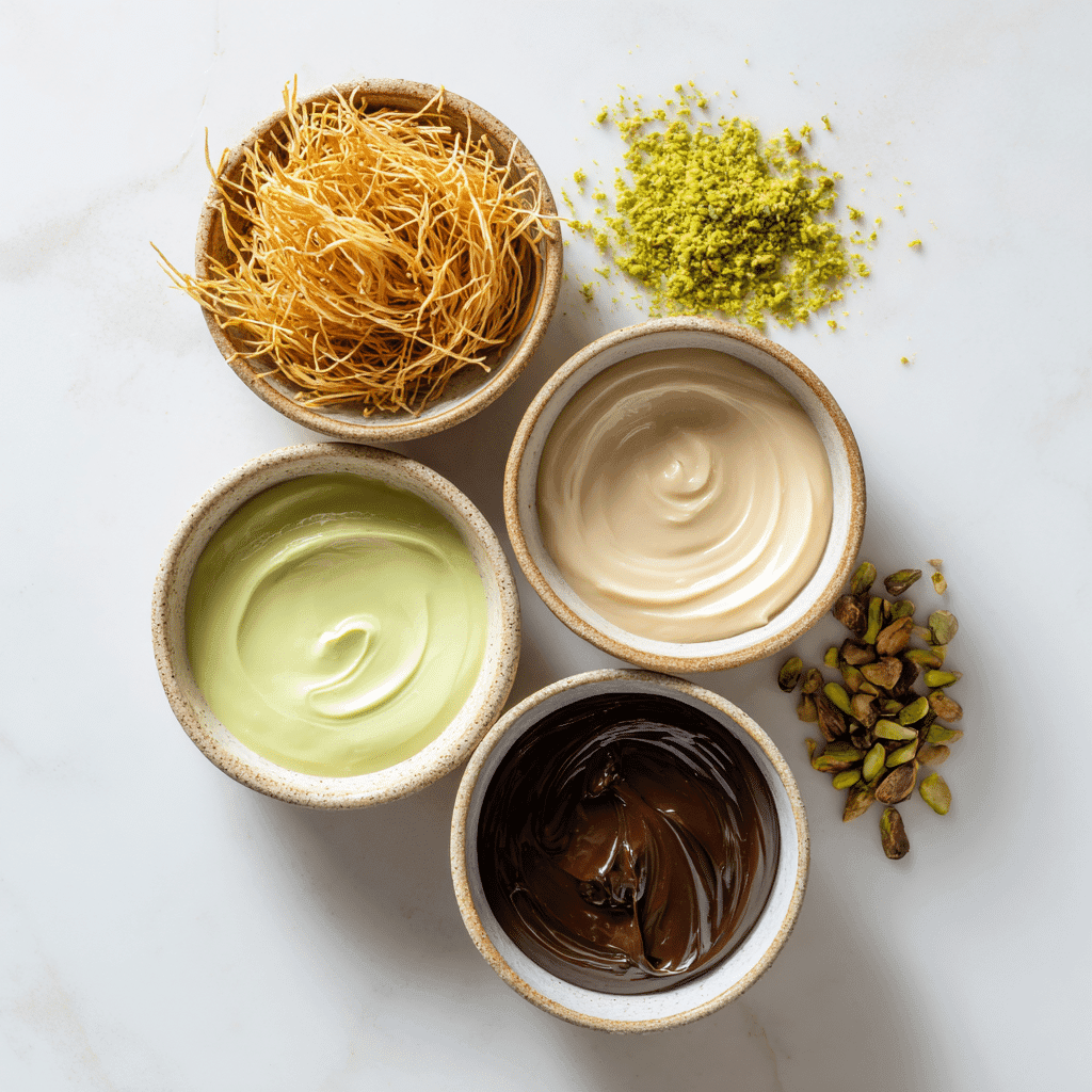 Dubai Chocolate Recipe: How to Make the Viral Pistachio Delight 7 Dubai chocolate recipe ingredients in ceramic bowls: kataifi, pistachio cream, tahini, chocolate