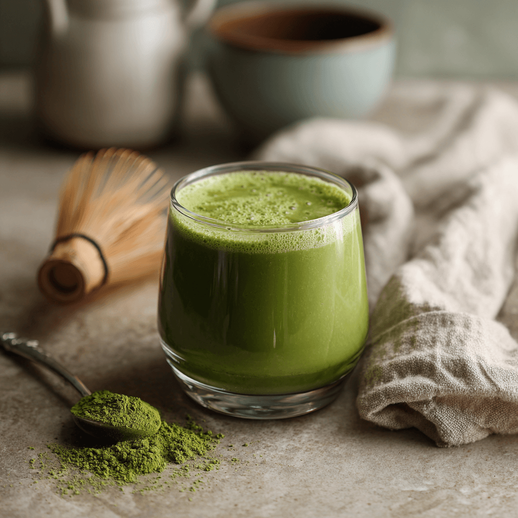Matcha Smoothie Recipes That Energize Your Day Naturally 1 Homemade matcha smoothie in a clear glass on a kitchen counter