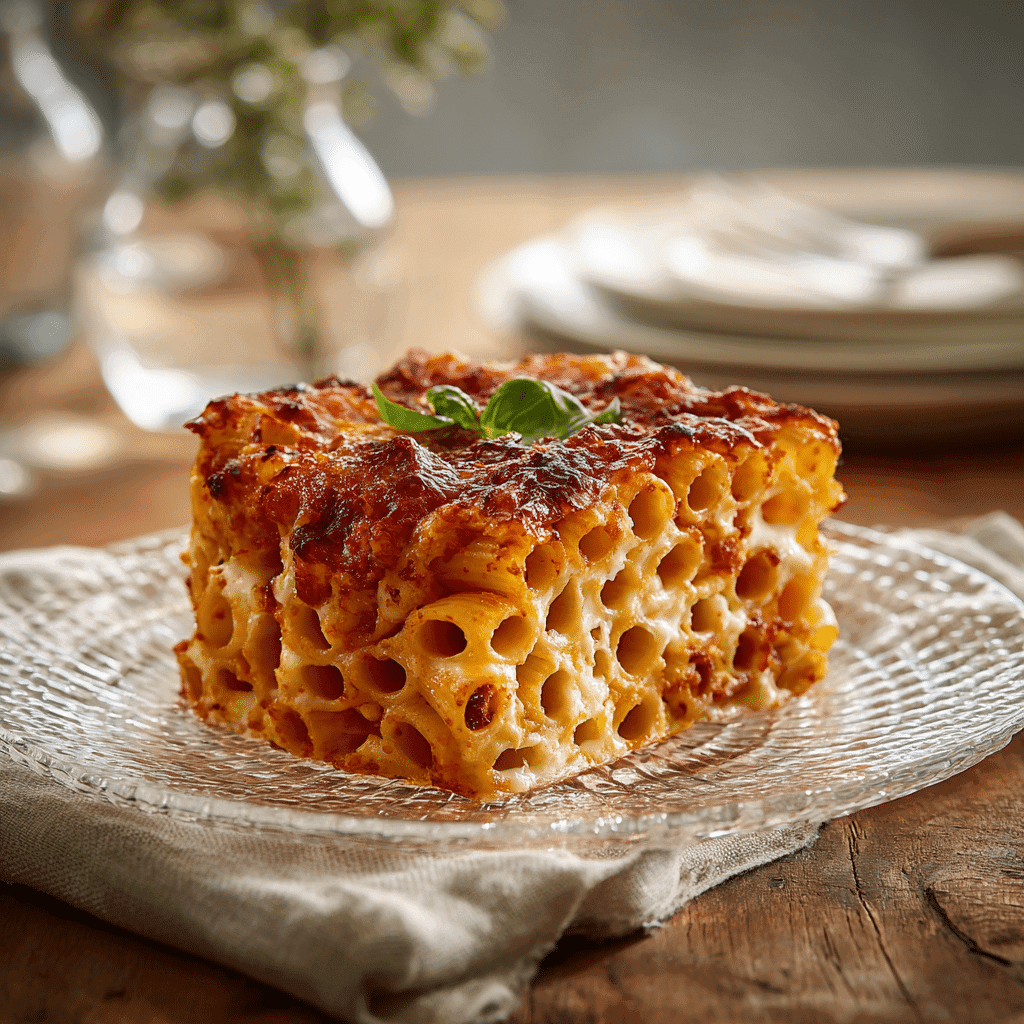 Honeycomb Pasta Cake – Easy, Stunning, and Cheesy Showstopper 6 Slice of honeycomb pasta cake on glass plate ready to serve