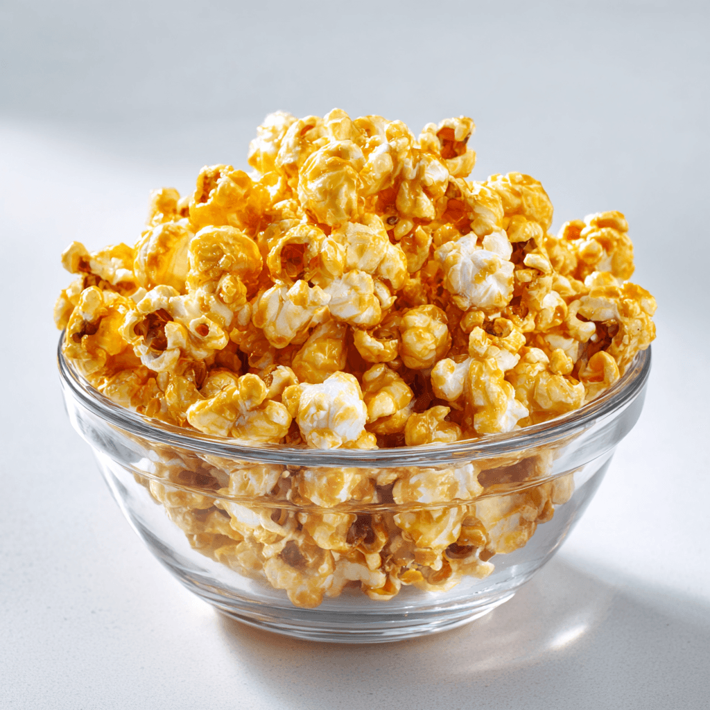 Hot Honey Popcorn Recipe: Bold, Sweet, and Spicy Snack You’ll Crave 11 Glass bowl of hot honey popcorn on white background