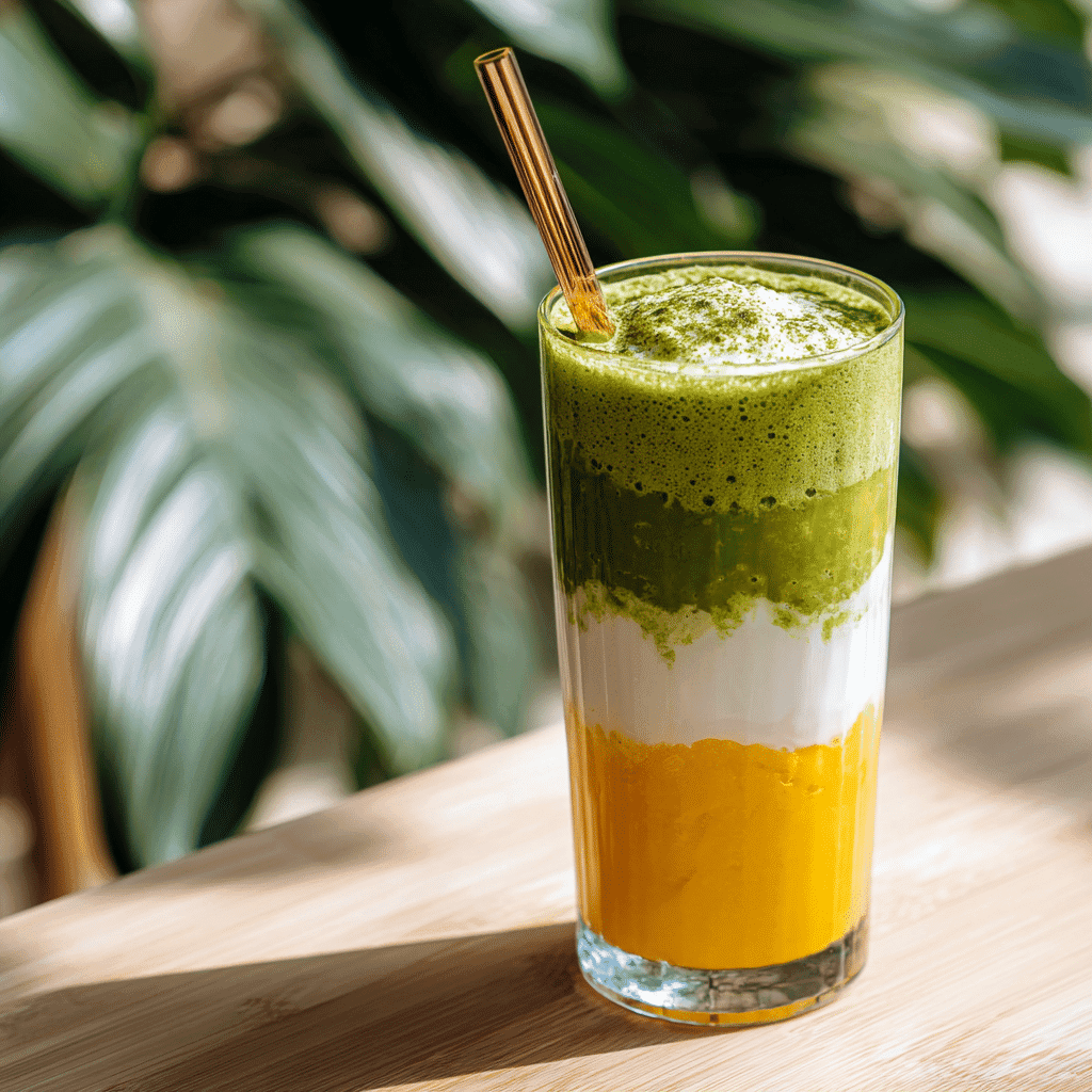 Matcha Mango Smoothie Recipe – Creamy, Energizing & Easy 7 Layered mango matcha smoothie in a clear glass with tropical sunlight
