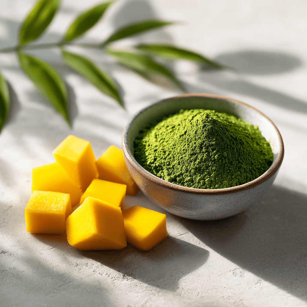 Matcha Mango Smoothie Recipe – Creamy, Energizing & Easy 3 High-quality close-up of matcha powder with fresh mango cubes