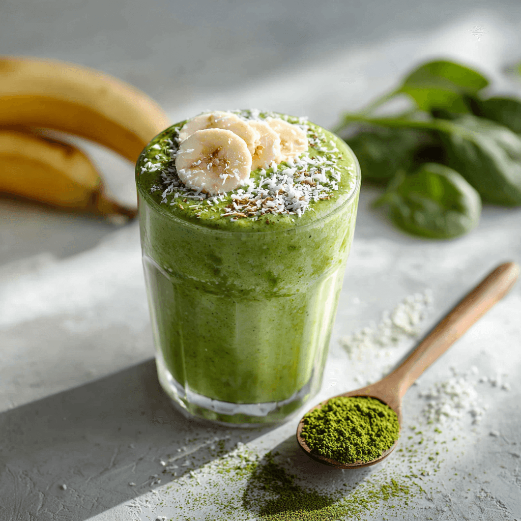 Matcha Smoothie Banana Recipe: Creamy, Energizing & Easy 1 creamy matcha banana smoothie topped with banana slices and matcha powder