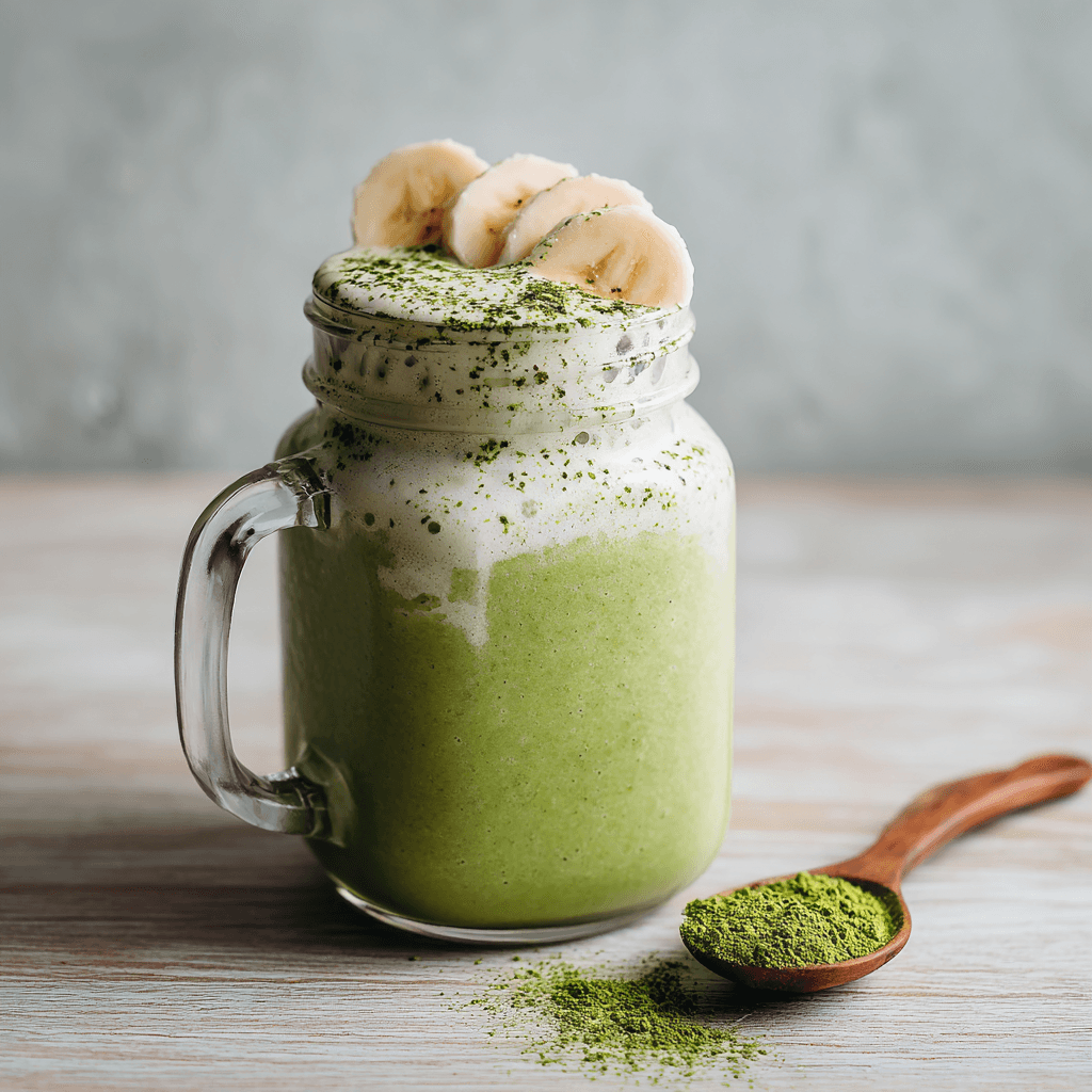 Matcha Smoothie Banana Recipe: Creamy, Energizing & Easy 7 matcha banana smoothie served in a glass mason jar with banana topping