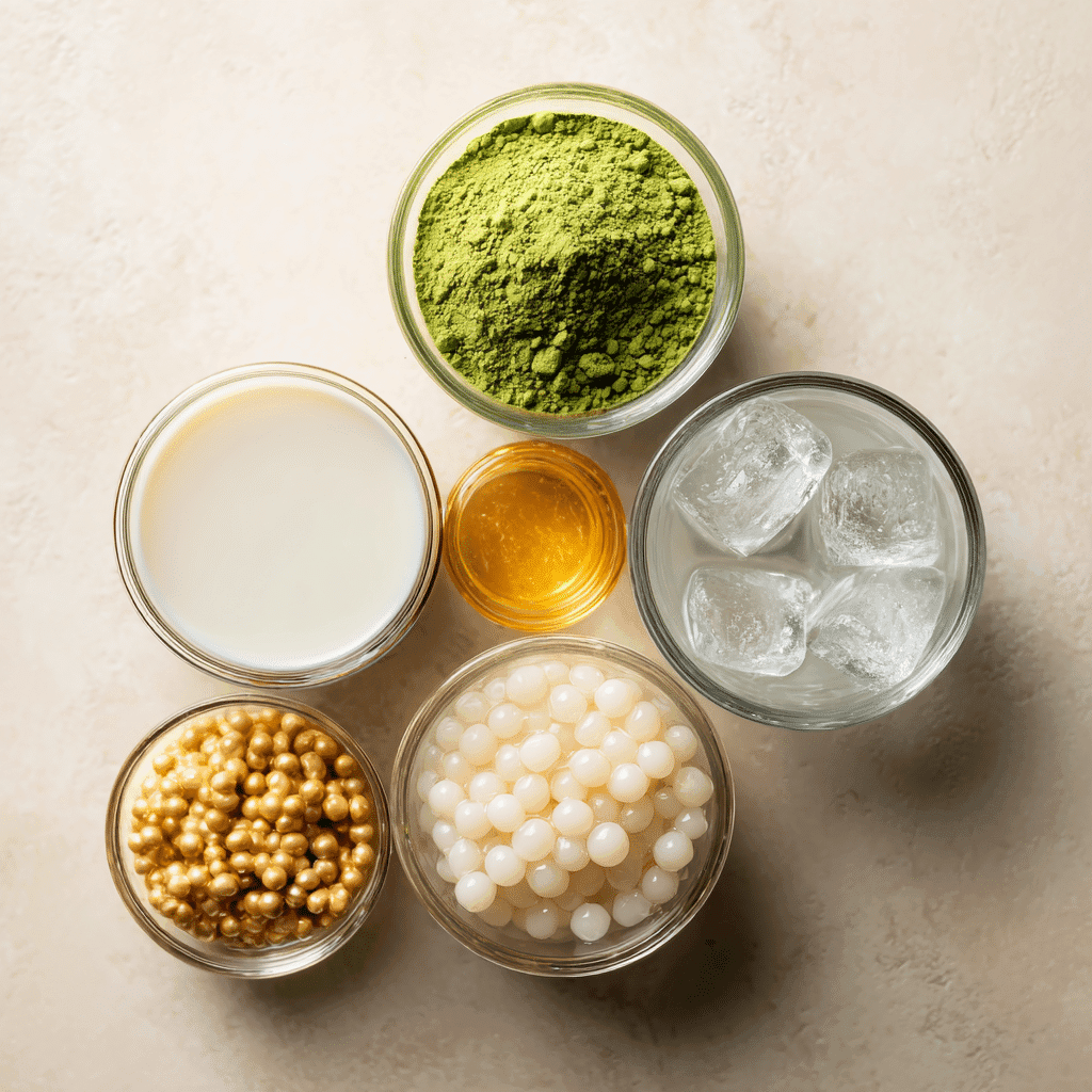 Matcha Bubble Tea: A Deliciously Refreshing Twist on a Classic Sip 4 Glass bowls of matcha powder, milk, honey, boba, and ice
