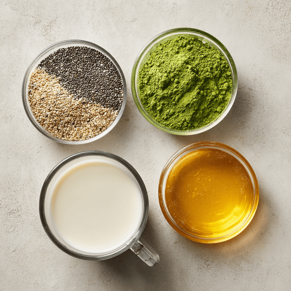 Matcha Chia Seed Pudding: Energizing, Easy, and Healthy 5 Matcha chia pudding ingredients in glass bowls