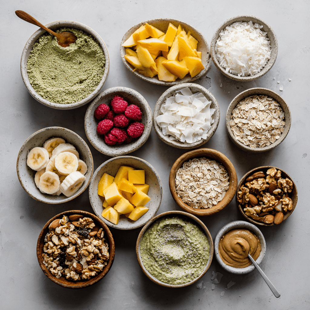Matcha Chia Seed Pudding: Energizing, Easy, and Healthy 6 Assorted matcha chia pudding toppings in bowls