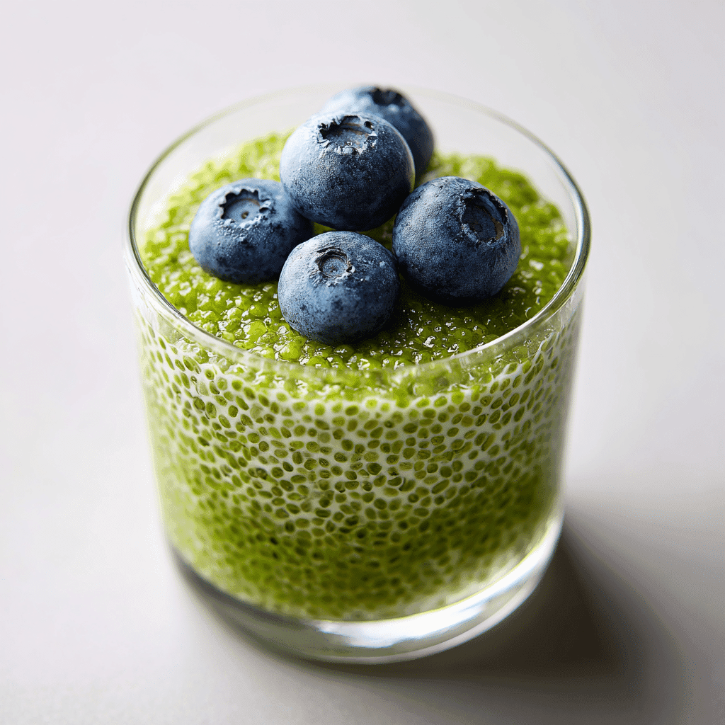Matcha chia seed pudding topped with blueberries