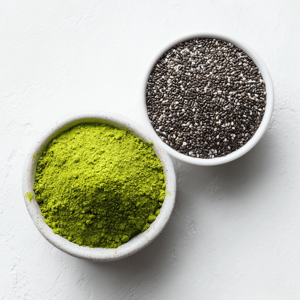 Matcha Chia Seed Pudding: Energizing, Easy, and Healthy 4 Matcha powder and chia seeds side by side on white background