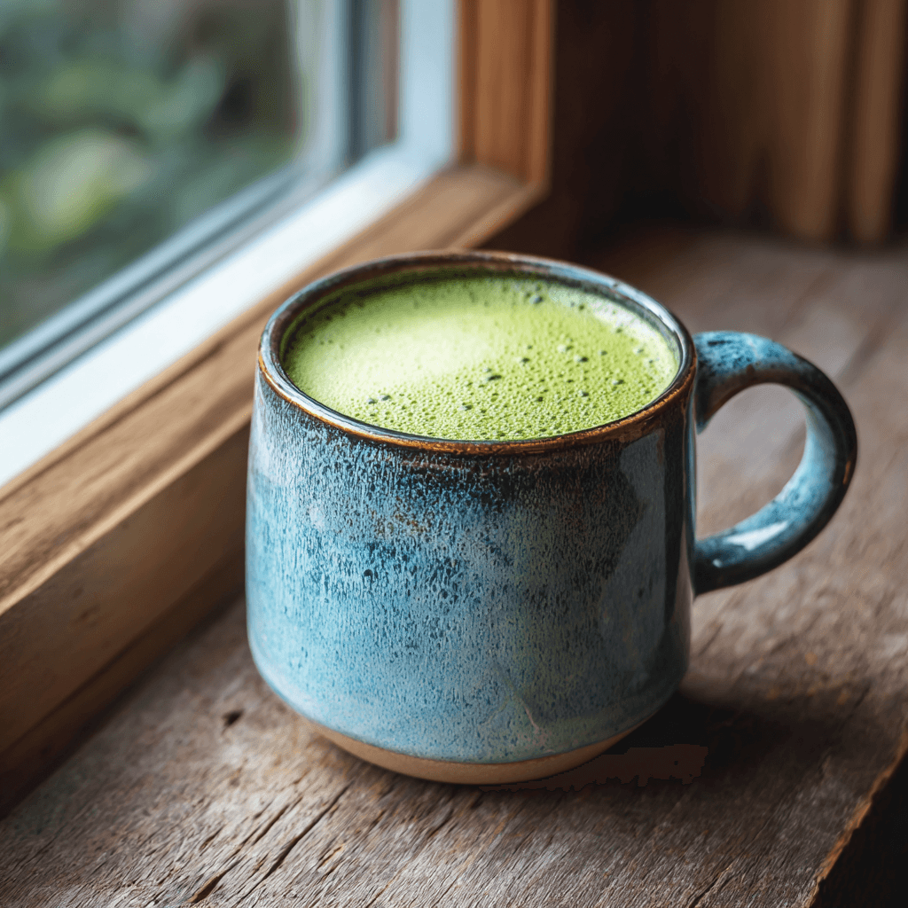 matcha green tea latte in cozy home setting
