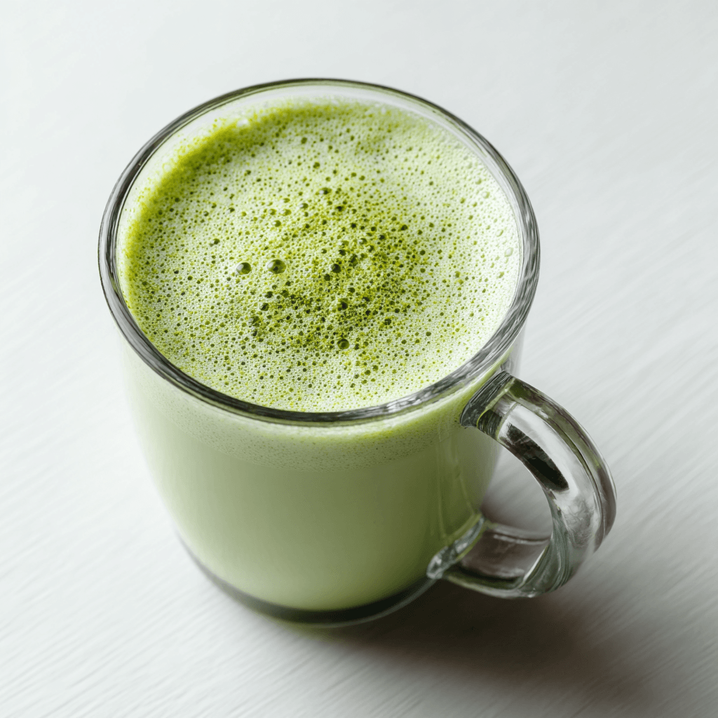 Matcha Green Tea Latte Benefits: Calm Energy in Every Cup 1 green matcha tea latte in a glass mug on white background