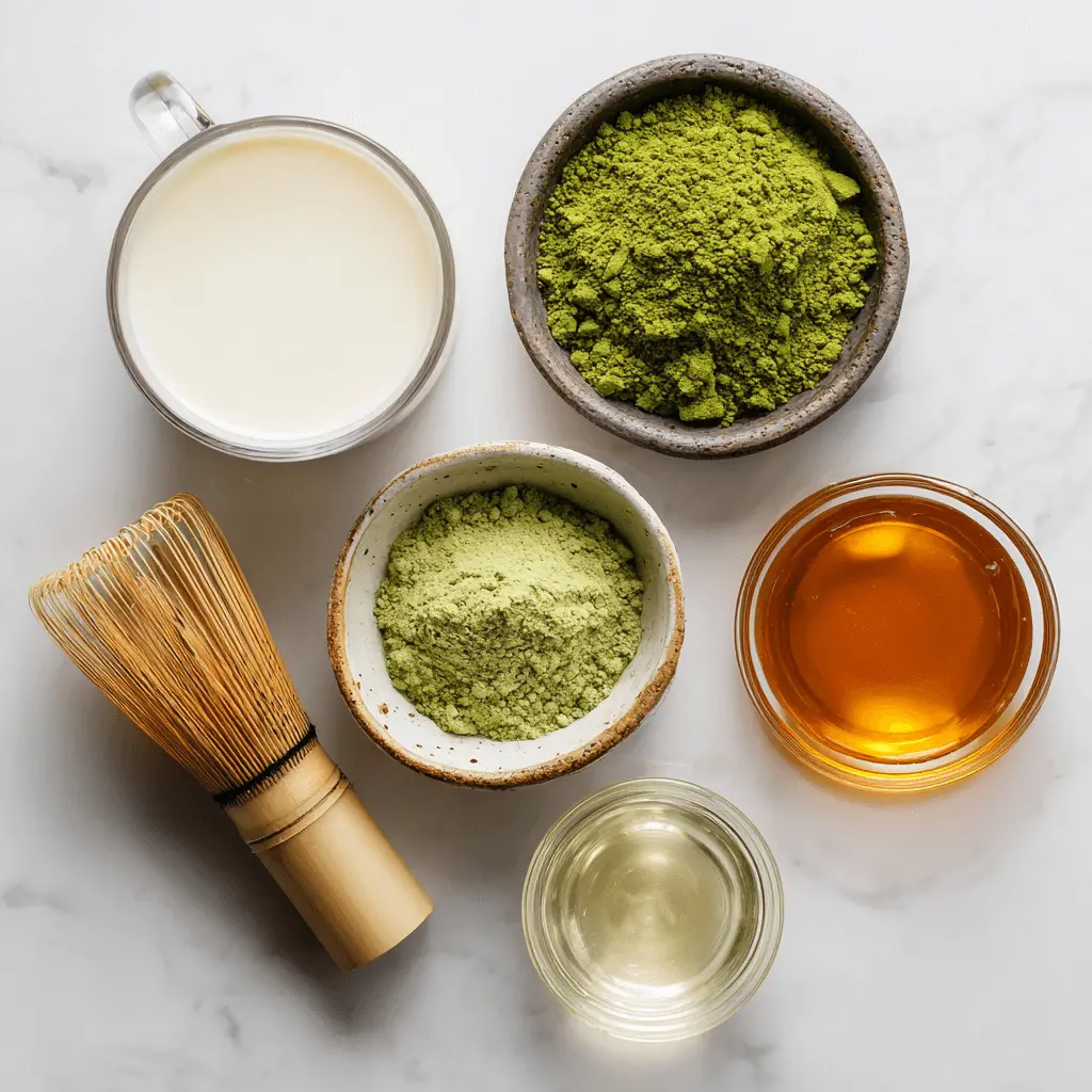 Starbucks Matcha Latte: Copycat Recipe for a Creamy, Healthy Fix 7 Pure matcha powder, milk, water, honey, and whisk arranged in bowls for starbucks matcha latte