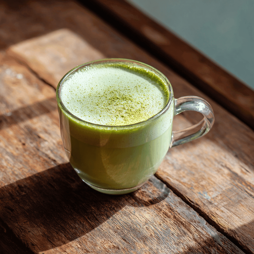 matcha latte recipe served in a glass mug