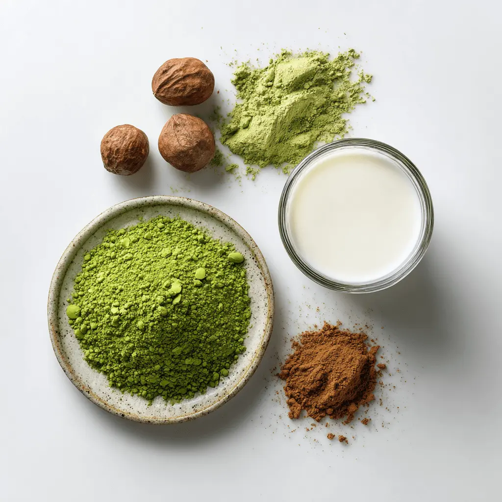 Matcha Latte for Weight Loss: Daily Benefits, Fat-Burning Power & Tips 6 matcha powder, almond milk, cinnamon, and monk fruit laid out