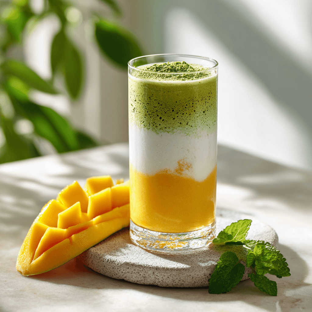 Matcha Mango Smoothie Recipe – Creamy, Energizing & Easy 1 Layered matcha mango smoothie in a clear glass with mango and coconut