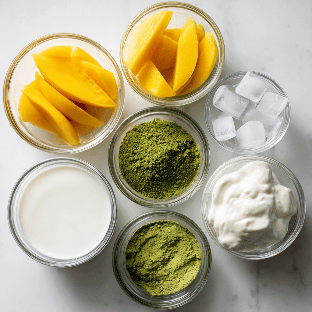 Matcha Mango Smoothie Recipe – Creamy, Energizing & Easy 5 Glass bowls filled with mango slices, matcha powder, milk, yogurt, and ice cubes
