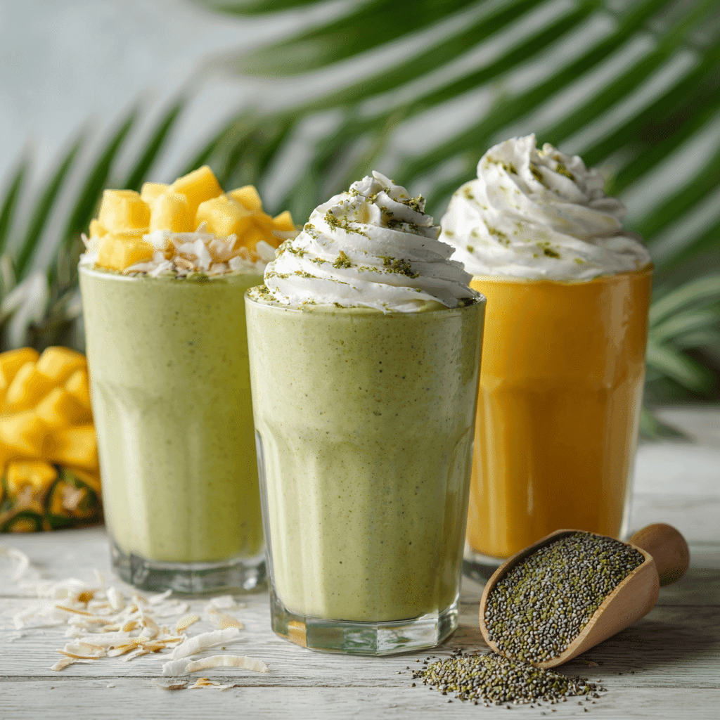 Matcha Mango Smoothie Recipe – Creamy, Energizing & Easy 6 Three matcha mango smoothie variations: tropical, creamy, and protein-packed
