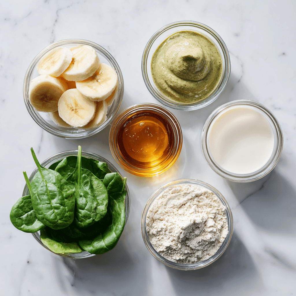Matcha Protein Smoothie: Energizing, Creamy & Easy to Make 5 matcha protein smoothie ingredients in glass bowls