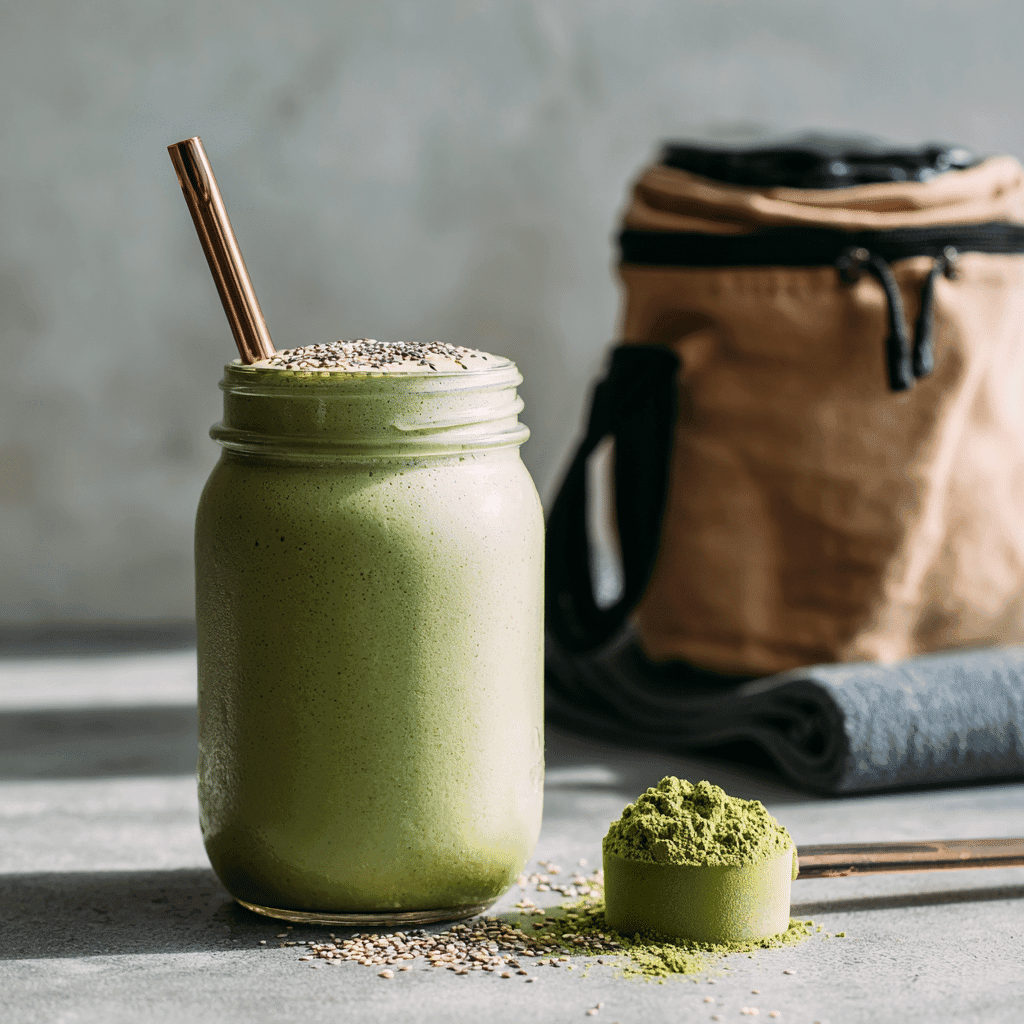 Matcha Smoothie Recipes That Energize Your Day Naturally 5 Matcha protein smoothie in a glass jar with chia seeds and straw