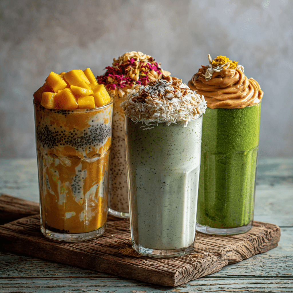 Matcha Protein Smoothie: Energizing, Creamy & Easy to Make 6 assorted matcha protein smoothie variations in glasses