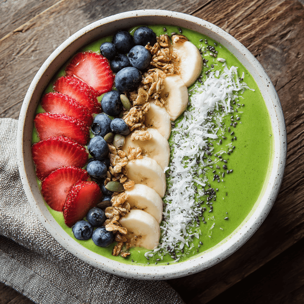 matcha smoothie bowl with toppings seen from above